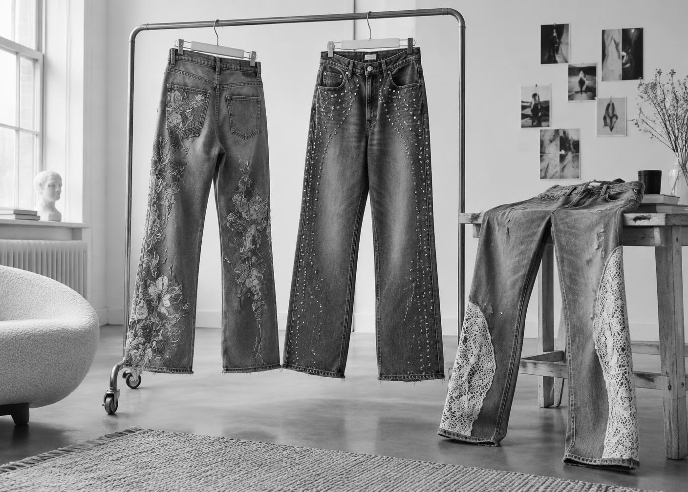Tre olika MIYO-jeans med personliga dekorationer